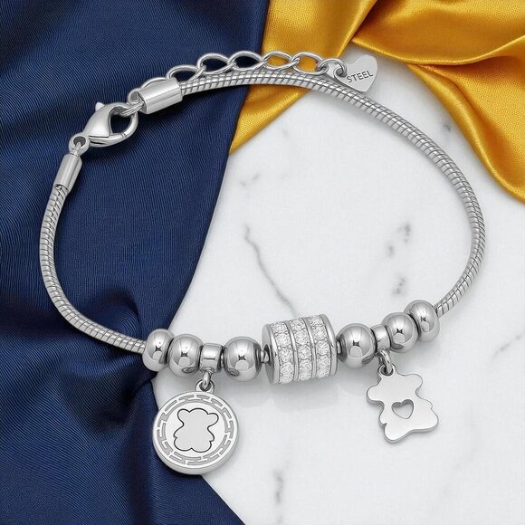 🆕️18K White Gold Plated Bear Charm Bracelet with Rhinestones Beads Trendy Gift - Picture 12 of 12